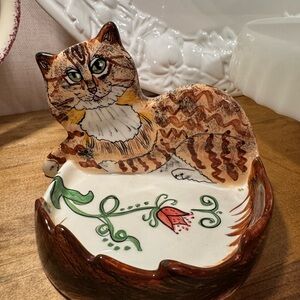 Cats by Nina Ceramic trinket/soap Dish orange cat signed